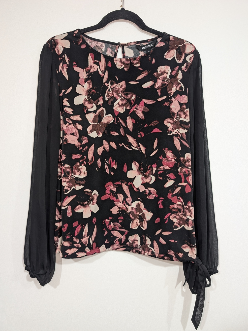 Ellen Tracy Black Blouse Pink Floral Print Gauze Poof Sleeve Women's LG